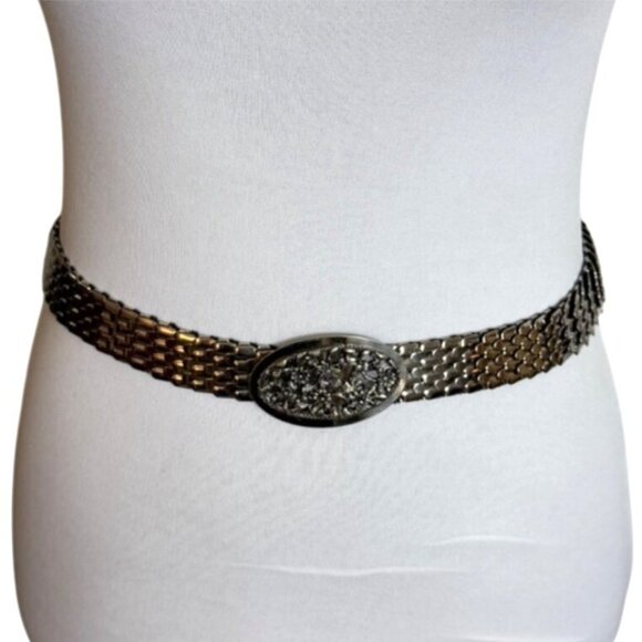 Retro Mermaid Scale Stretch Belt Size L to XL Silver Floral Buckle VTG 80s Cinch - Picture 1 of 13